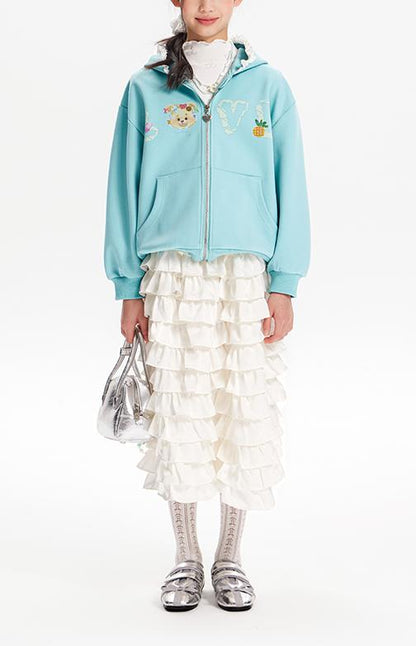 Girls Cartoon Hoodie and Lace Trim Shorts Two-Piece Set