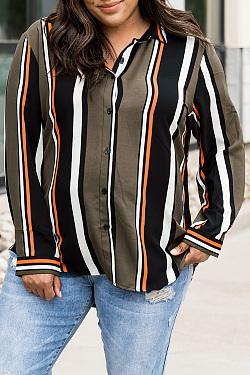 Striped Casual V-Neck Long Sleeve Chiffon Shirt Women's Tops Plus Size