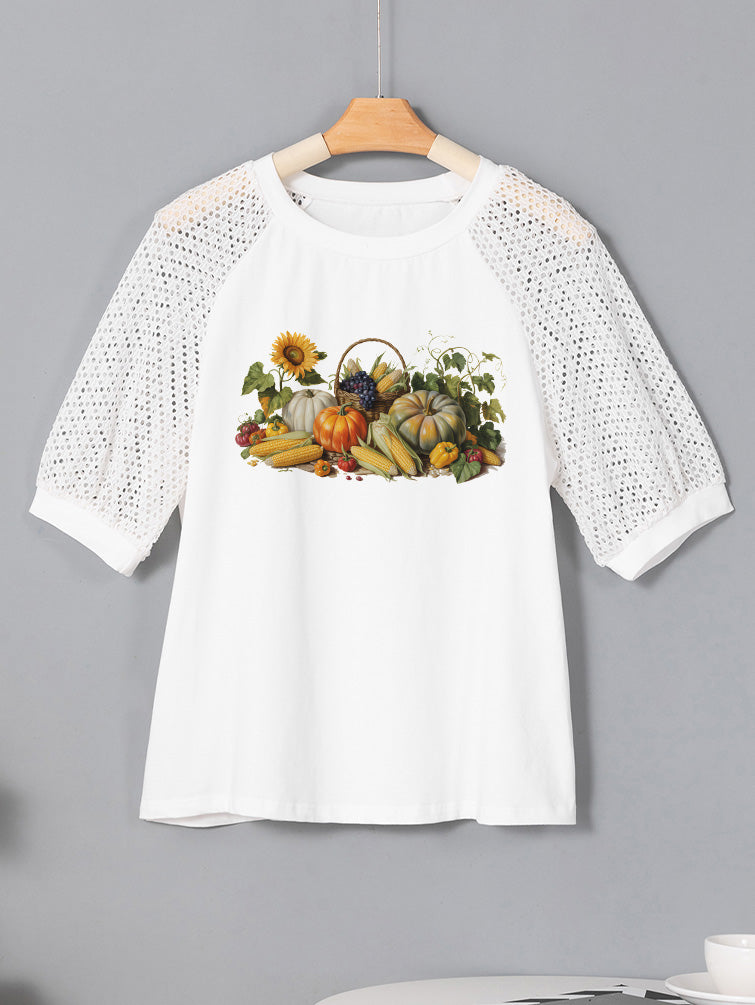 Thanksgiving Harvest Pumpkin Cornucopia Graphic Lace Sleeve Tee
