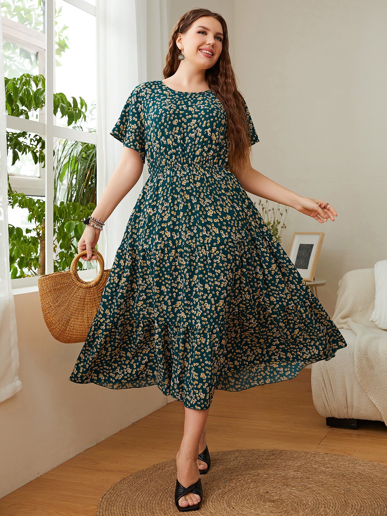 Women Short Sleeve Loose Plain Casual Plus Size Long Maxi Dress