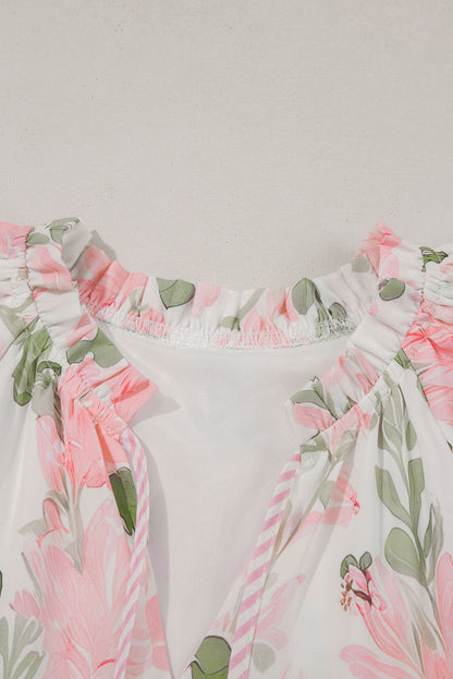 Sky Blue Floral Ruffle Sleeve Tie Neck Mini Dress