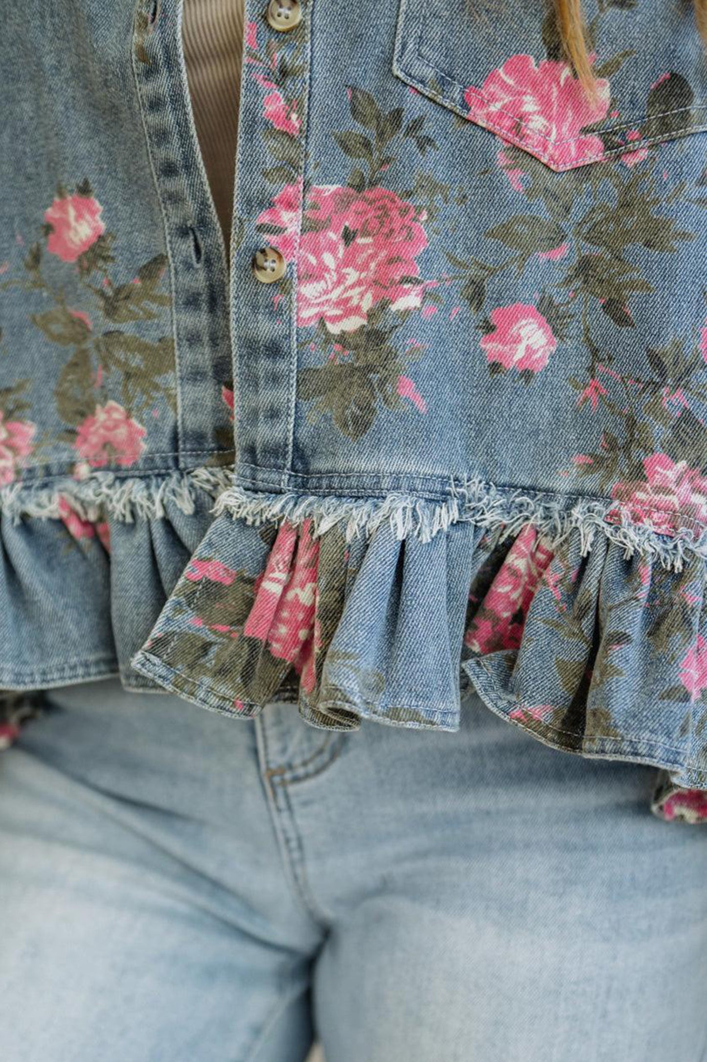 Floral Denim Jacket Ruffle Hem Puff Sleeve Cropped