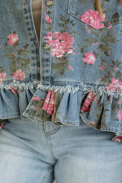 Floral Denim Jacket Ruffle Hem Puff Sleeve Cropped
