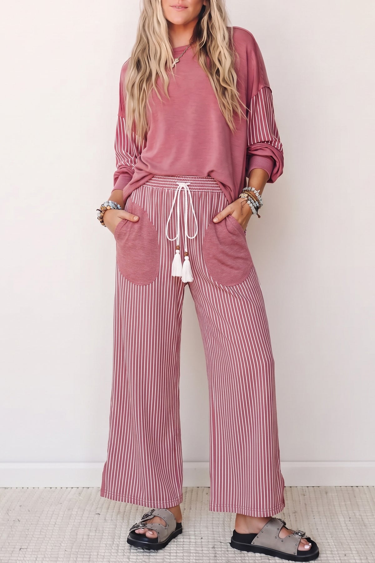 Women’s Stripe 2 Piece Lounge Set Long Sleeve Top Wide Leg Pants