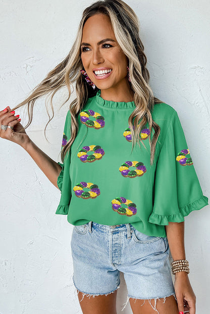 Green Mardi Gras Sequin Beads Ruffle Bell Sleeve Blouse