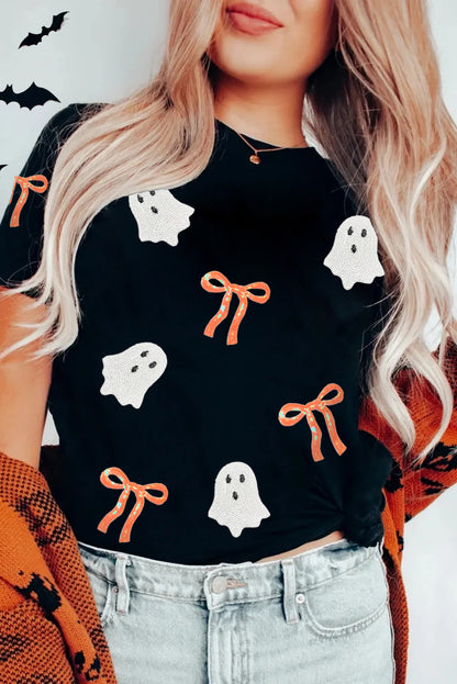Halloween Ghost Bow Patch Graphic Short Sleeve Tee