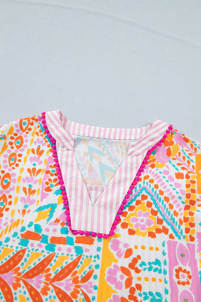 Boho Patchwork Print Flutter Sleeve V Neck Blouse