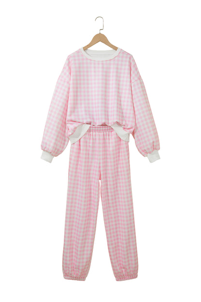 Plaid Polyester Pant Set Casual Wide Leg
