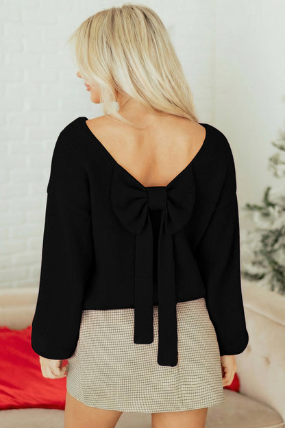 Valentine’s Day Red Bow Backless Bubble Sleeve Sweater