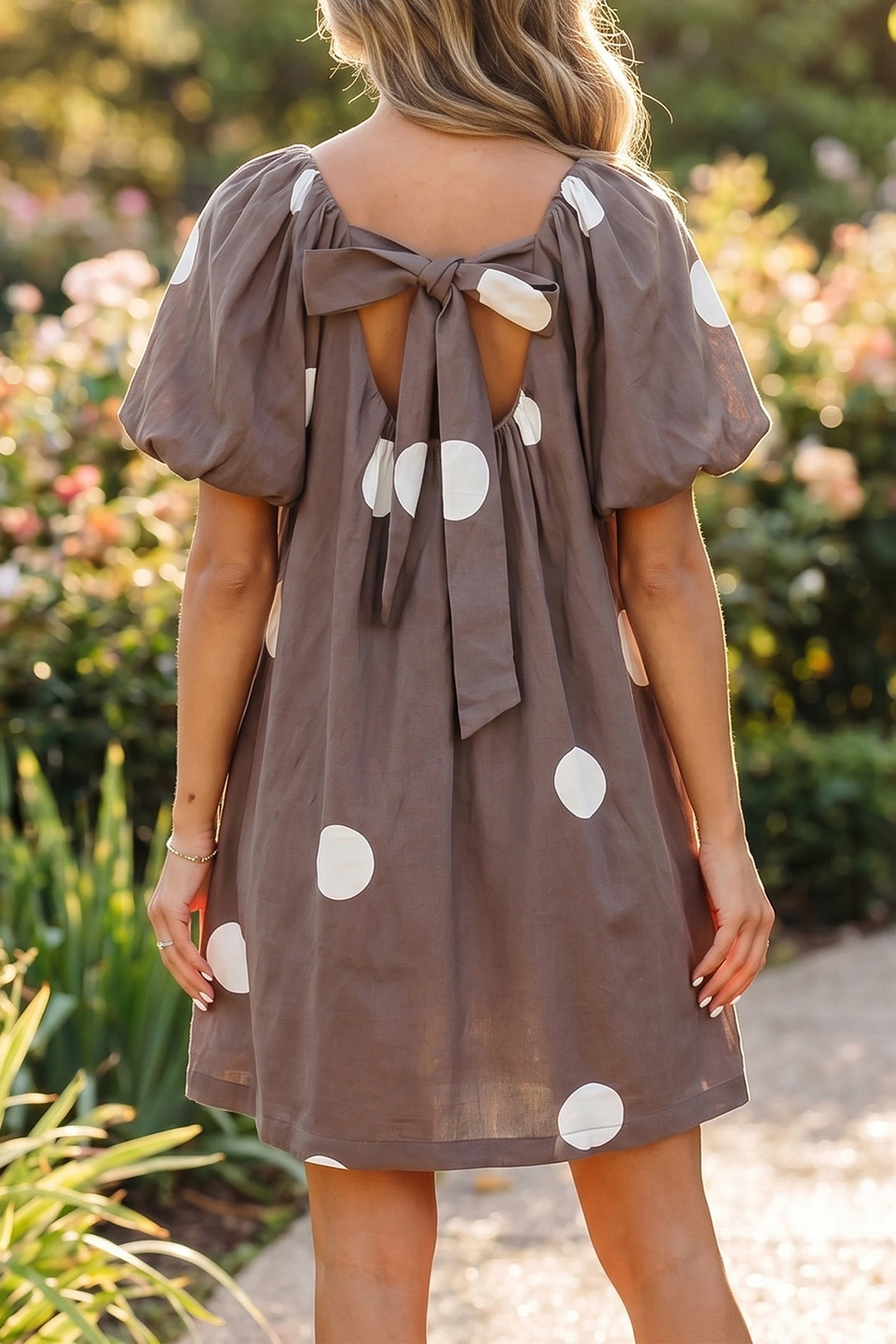 Brown Polka Dot Puff Sleeve Loose Fit Mini Dress
