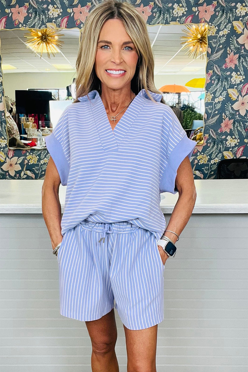 Striped V Neck Lounge Set Short Sleeve Top and Shorts