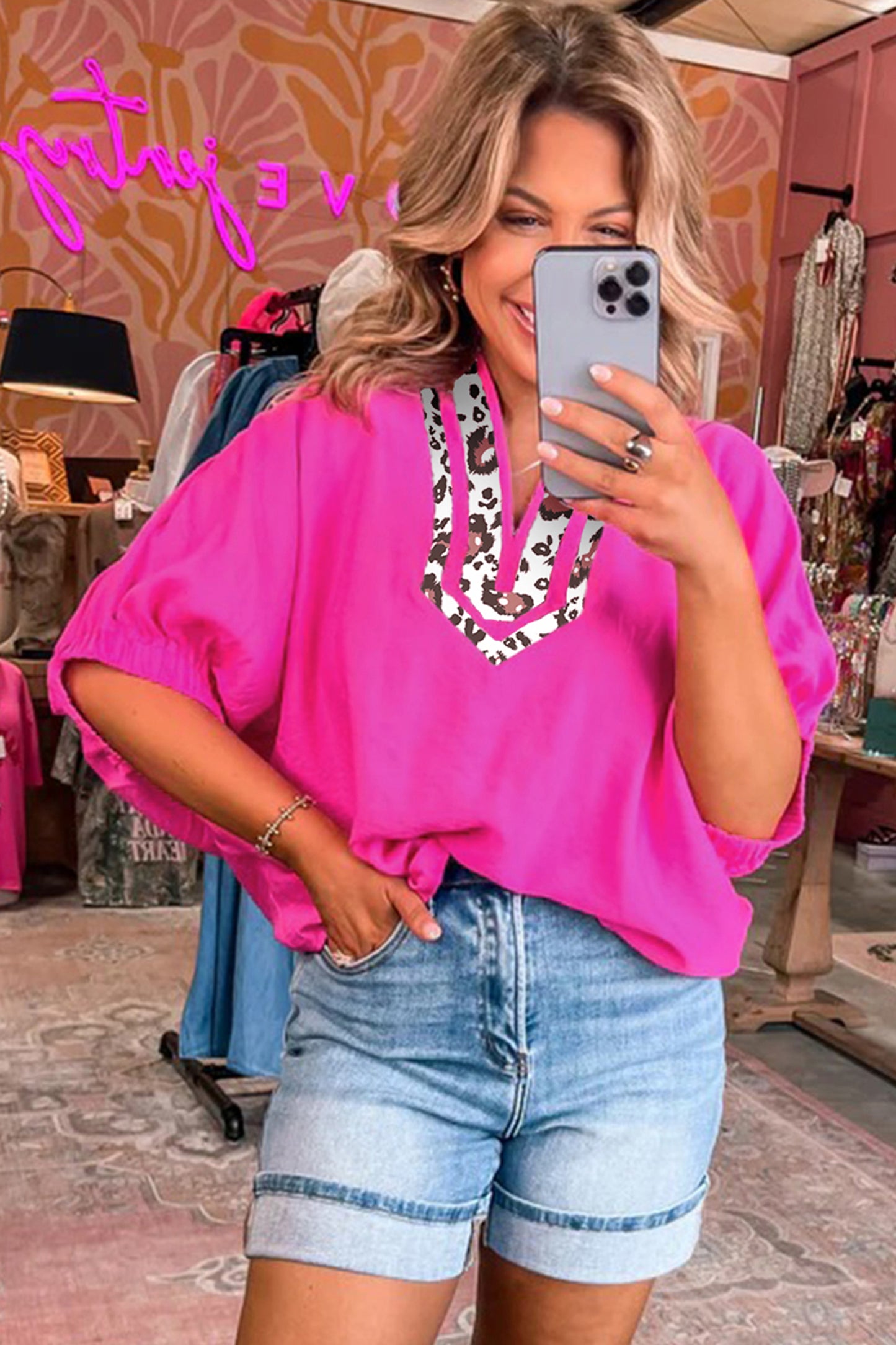 Rose Leopard Trim V Neck Dolman Sleeve Blouse Loose Fit Top