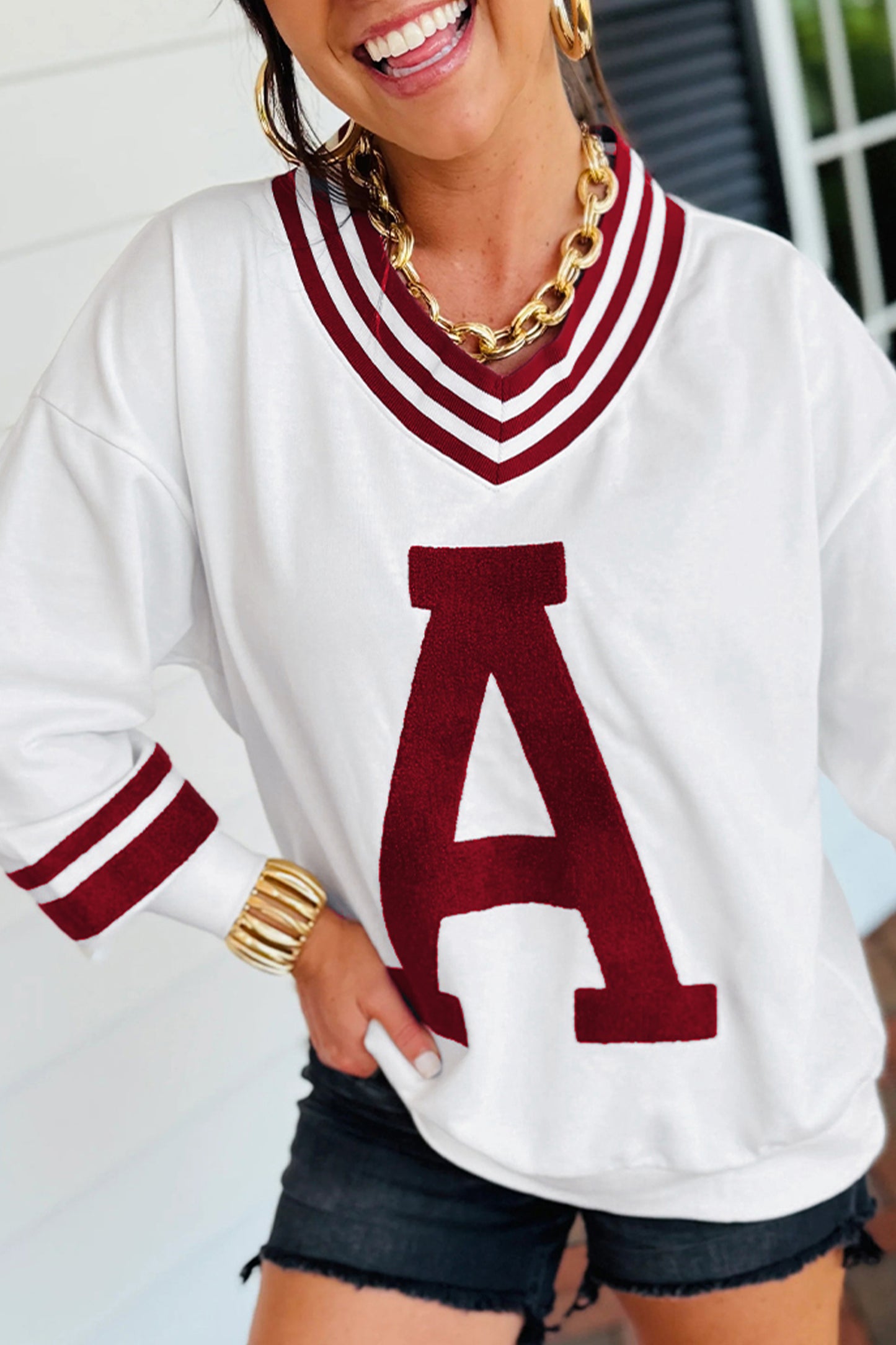 Varsity Letter A Graphic V Neck Striped Game Day Sweatshirt