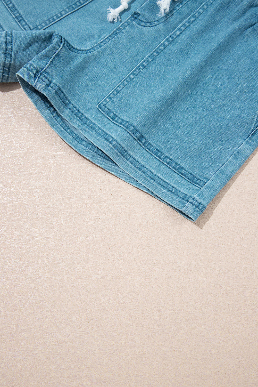 Light Wash Drawstring Denim Shorts Elastic Waist Pockets