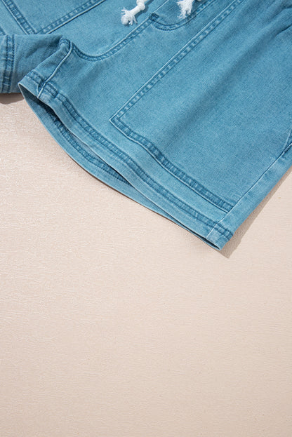 Light Wash Drawstring Denim Shorts Elastic Waist Pockets
