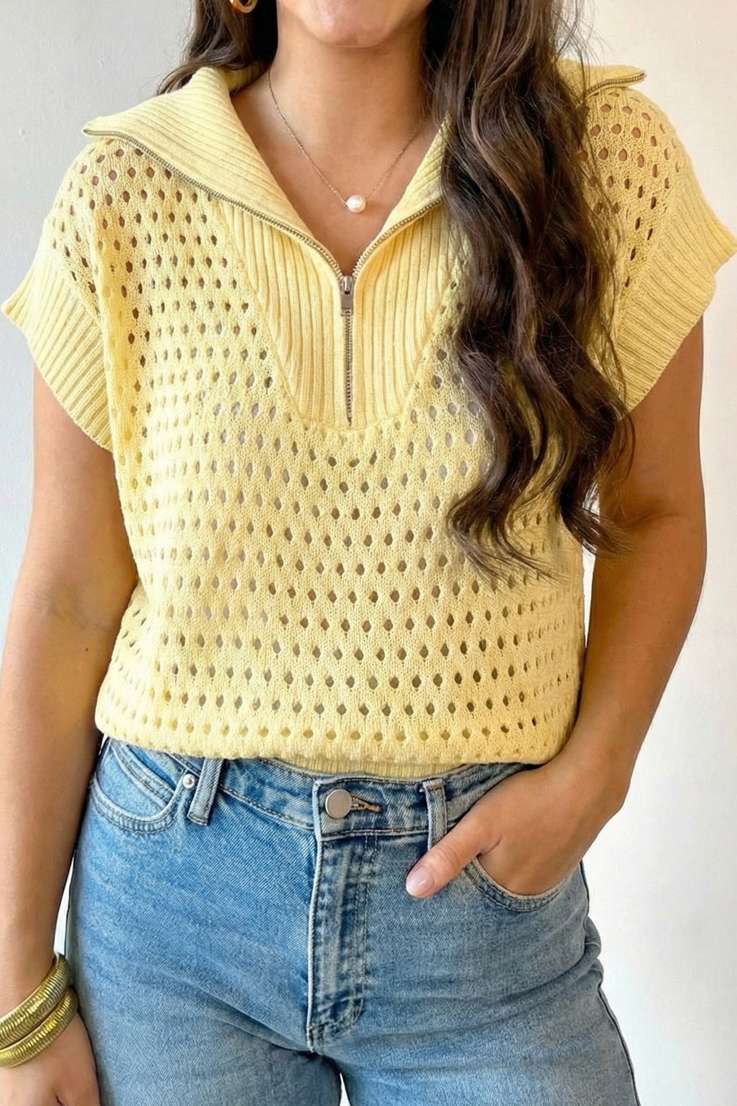 Open Knit Quarter Zip Short Sleeve Sweater Top