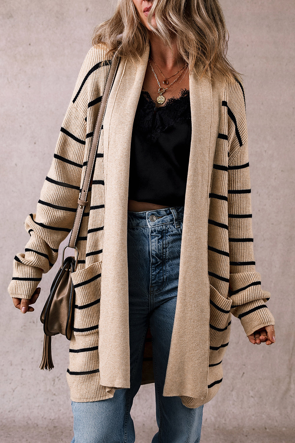 Black Stripe Open Front Shawl Cardigan with Pockets
