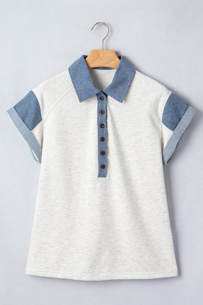 Color Block Polo Henley Button Short Sleeve Casual Top