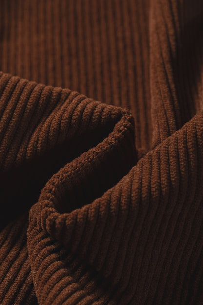 Coffee Corduroy Ruffle V Neck Button Shacket