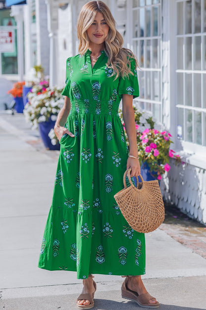 Floral Smocked Waist Maxi Dress Split Neck Boho