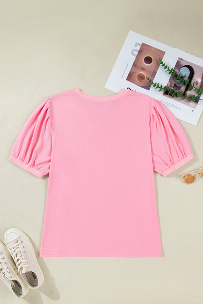 Pink V Neck Puff Sleeve Plus Size Blouse Top