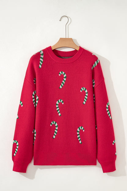 Sachet Pink Christmas Candy Cane Holiday Drop Shoulder Sweater