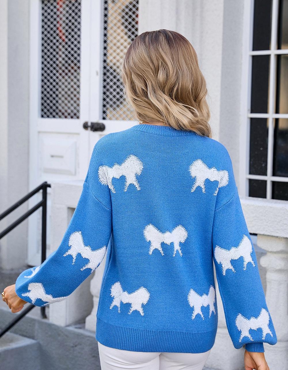 Bow Knit Pullover Sweater - Cozy Graphic Crewneck Top