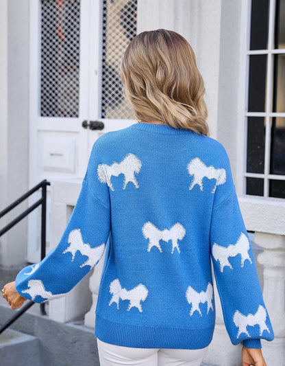 Bow Knit Pullover Sweater - Cozy Graphic Crewneck Top