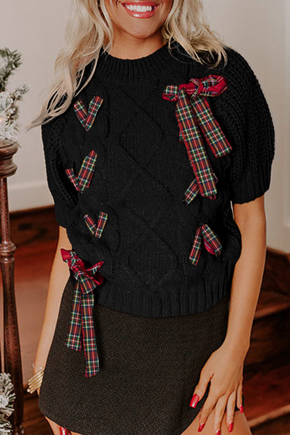 Red Plaid Bow Lace Up Cable Knit Short Sleeve Holiday Sweater