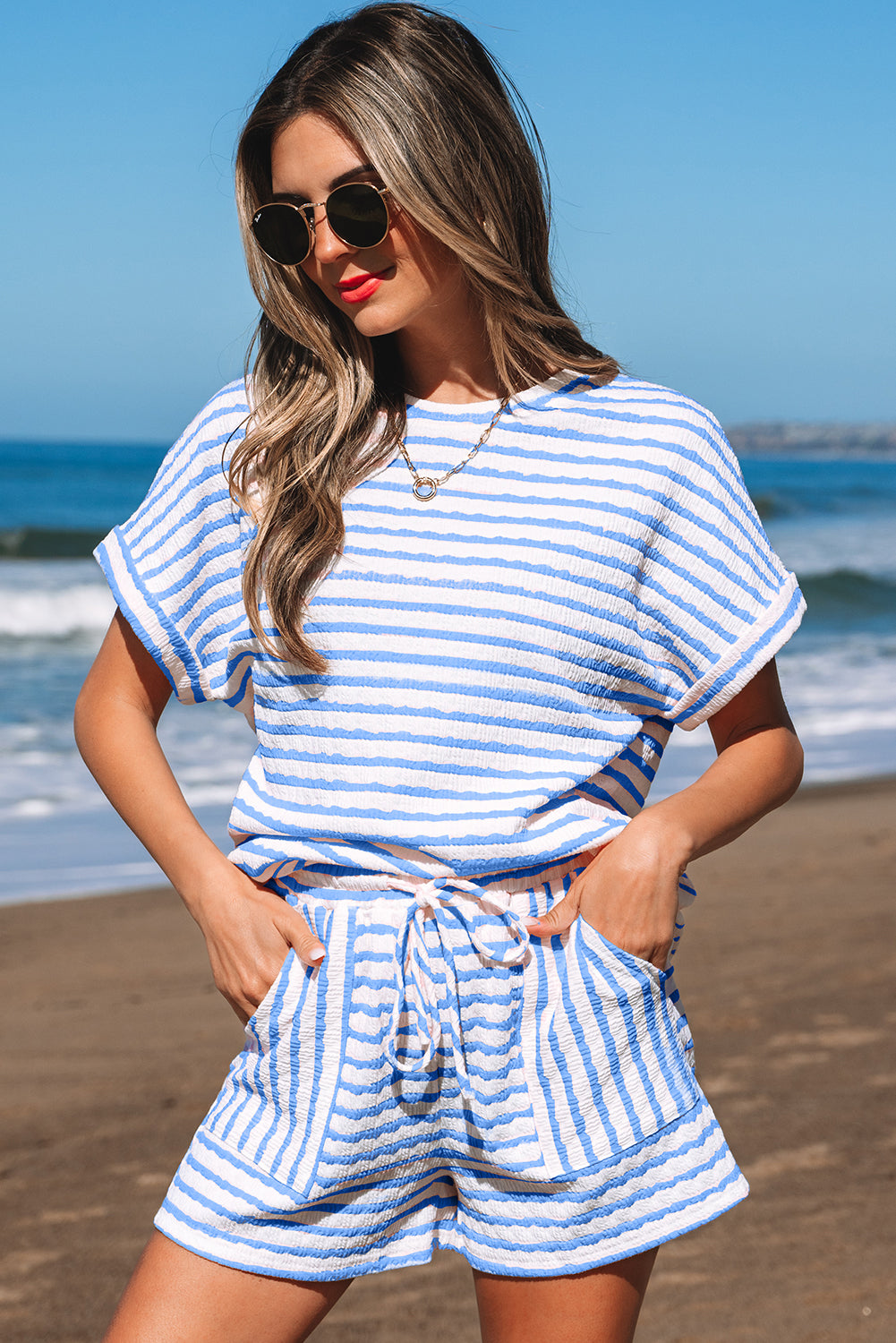 Pink Stripe Textured Knit Lounge Set Drawstring Shorts