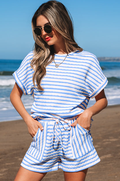 Pink Stripe Textured Knit Lounge Set Drawstring Shorts