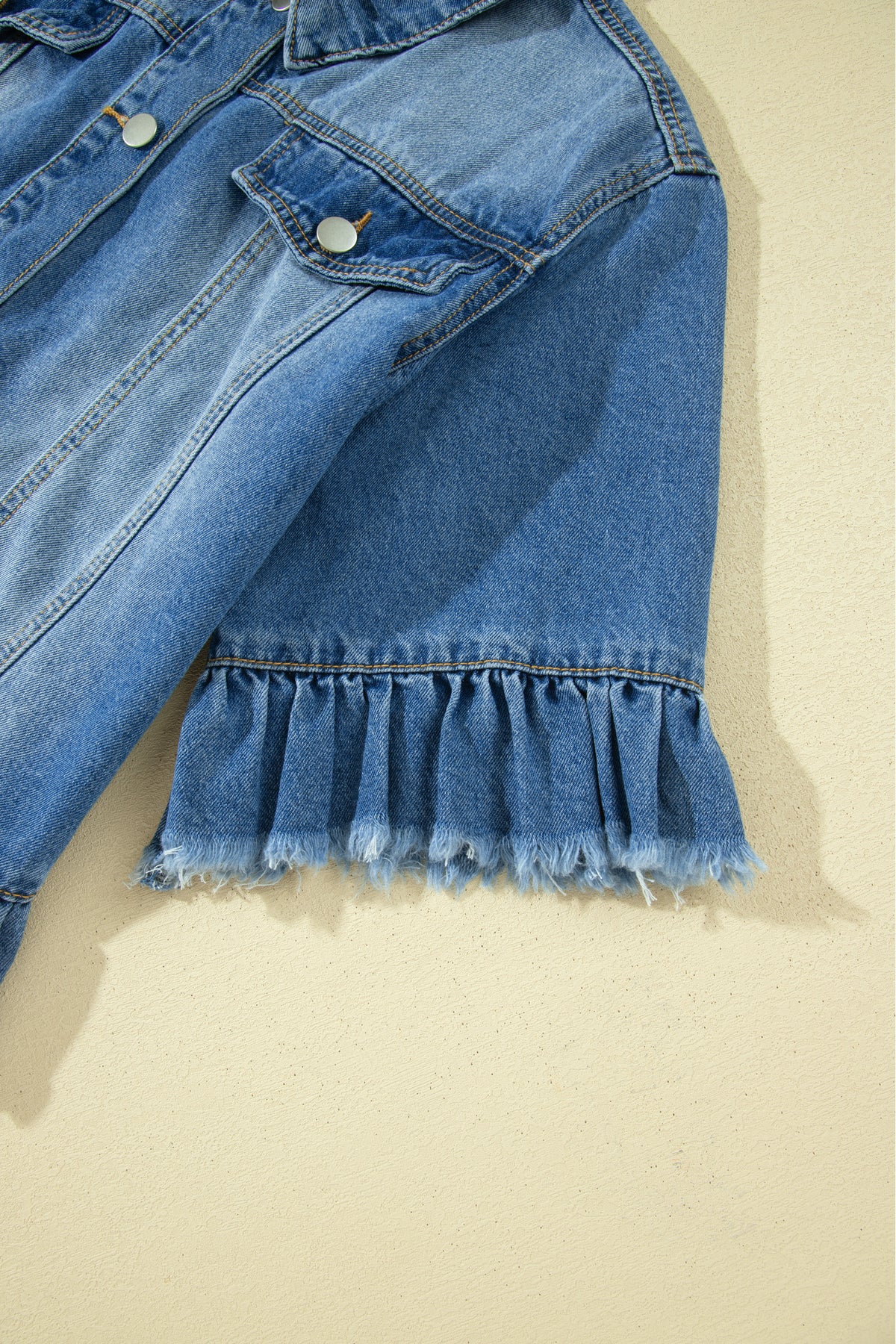 Ruffle Trim Raw Hem Half Sleeve Cropped Denim Jacket