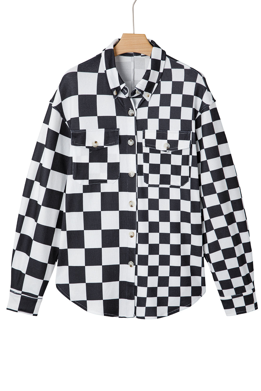 Checkerboard Print Flap Pocket Button Front Shacket