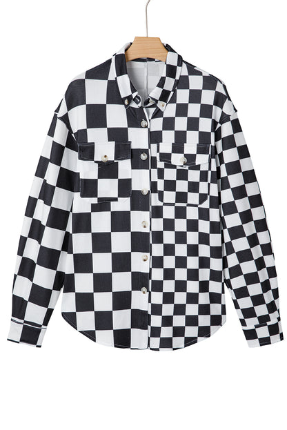 Checkerboard Print Flap Pocket Button Front Shacket