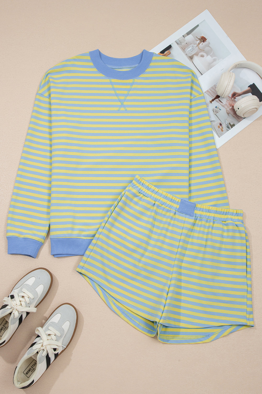 Striped Long Sleeve Pullover and Shorts Lounge Set