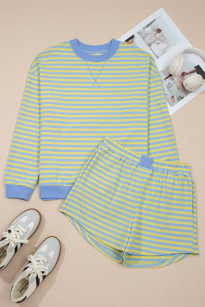 Striped Long Sleeve Pullover and Shorts Lounge Set