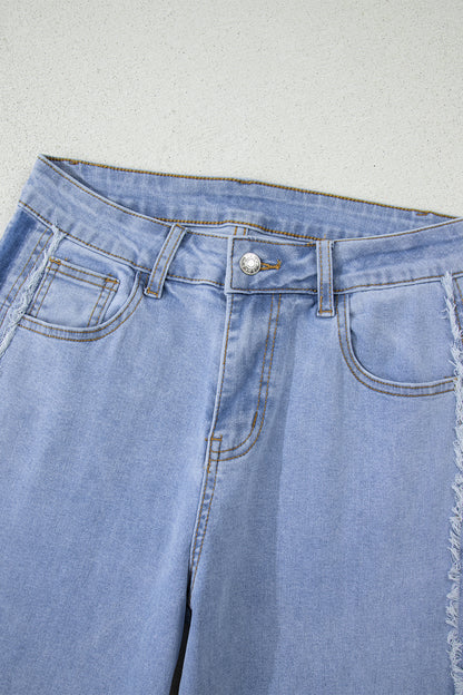 Beau Blue Contrast Stripe Patchwork Frayed Jeans
