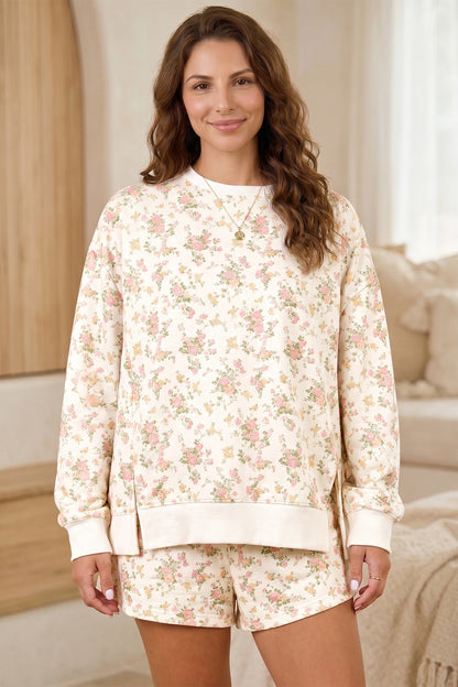 Floral Sweatshirt Shorts Set Women Lounge Two Piece Set
