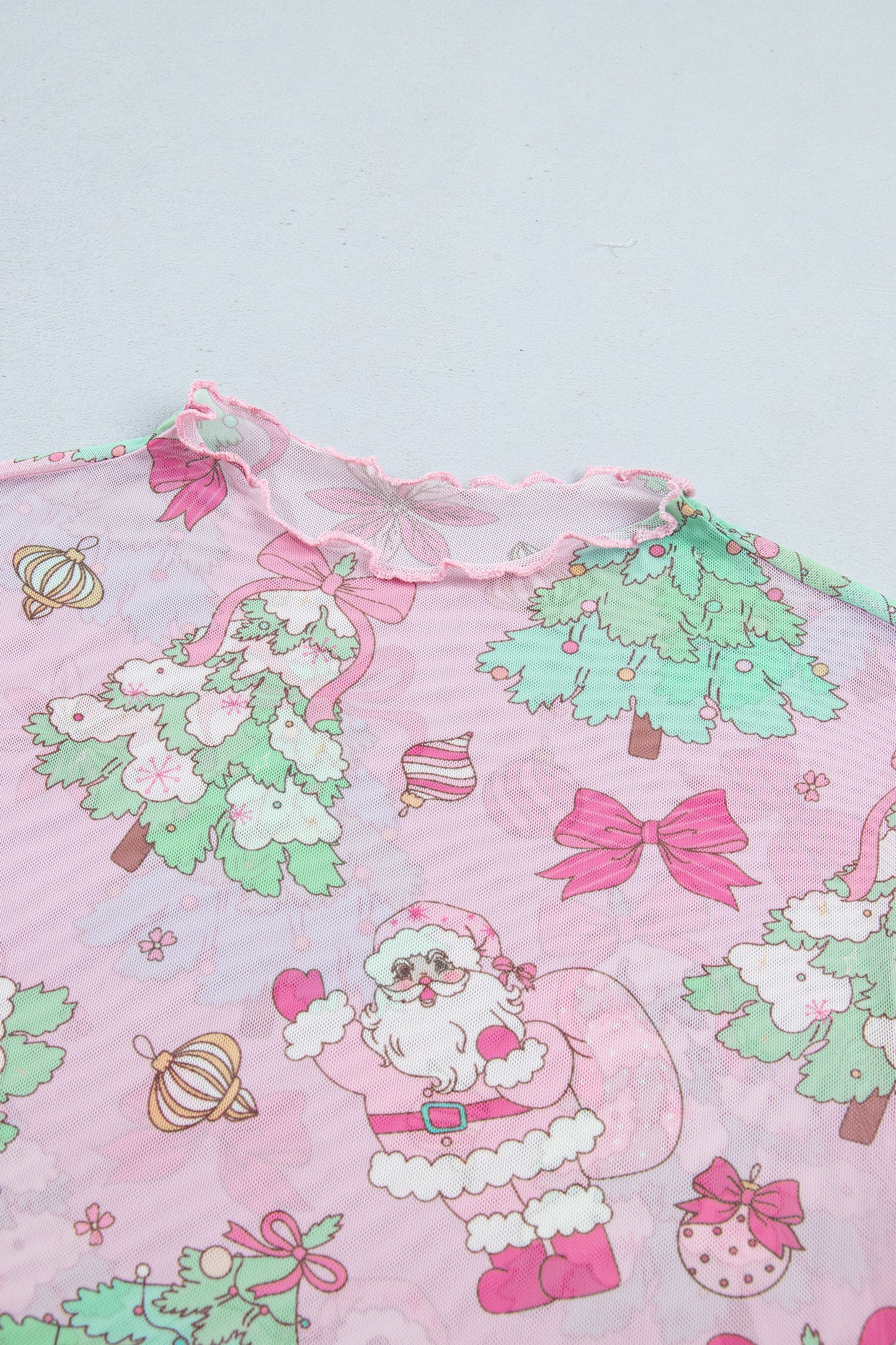 Pink Christmas Print Mock Neck Mesh Long Sleeve Top