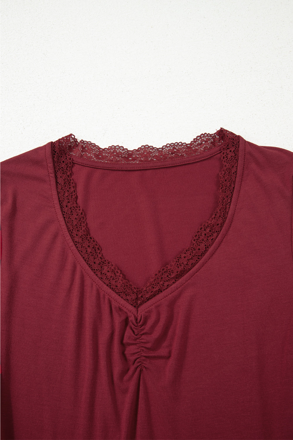 Smoke Gray Lace Trim Ruched V Neck Long Sleeve Women’s Top