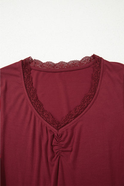 Smoke Gray Lace Trim Ruched V Neck Long Sleeve Women’s Top