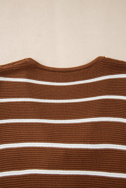 Chestnut Striped Knit Tie Front V Neck Cardigan Sweater