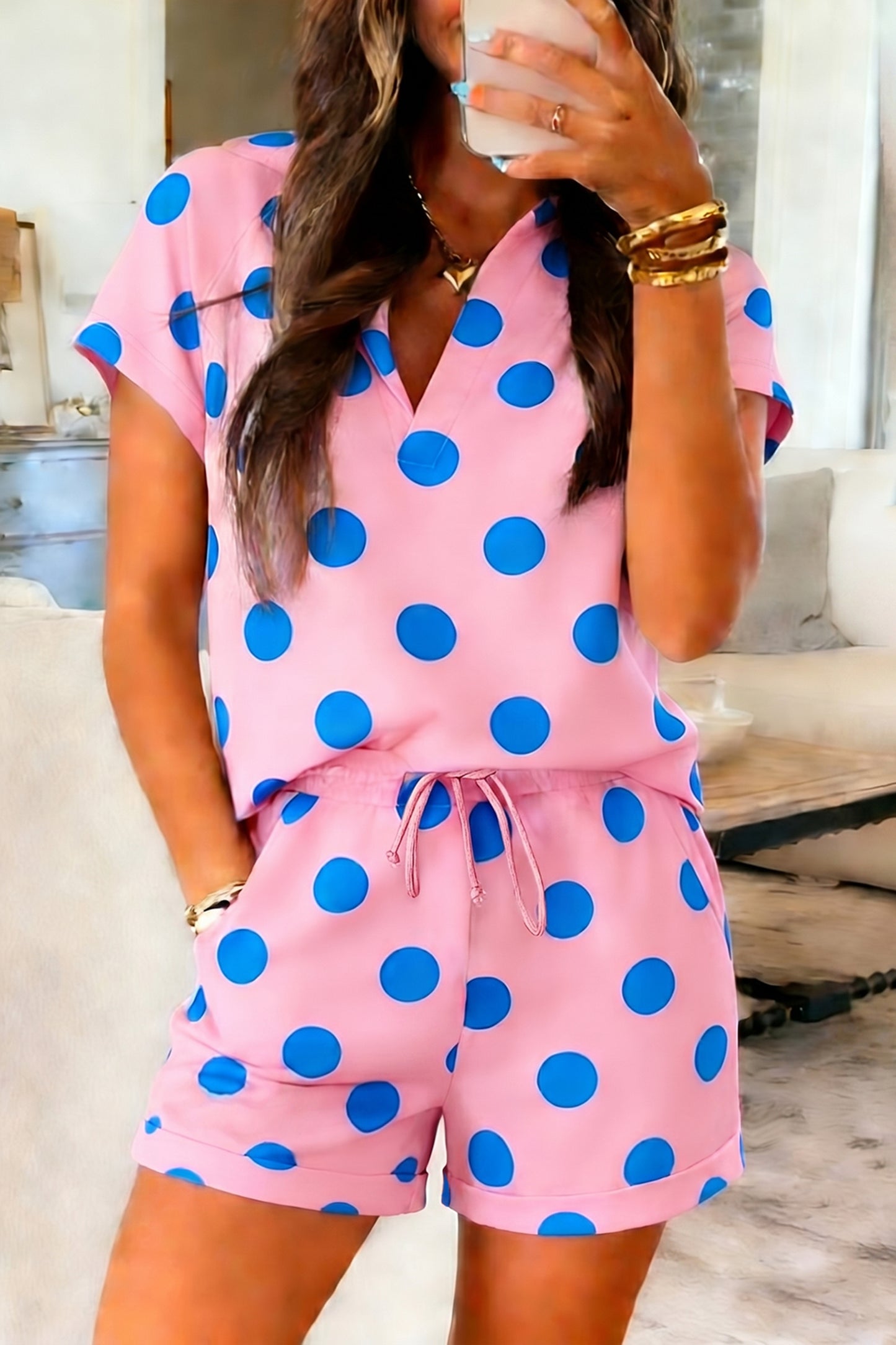 Green Polka Dot Lounge Set V Neck Tee and Shorts