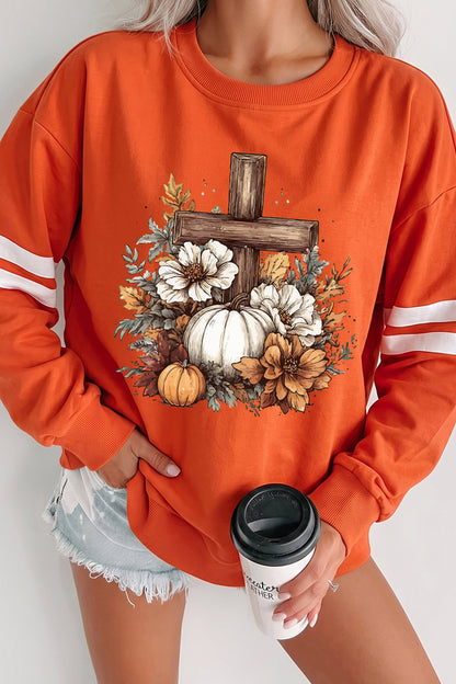 Thanksgiving Pumpkin Cross Floral Graphic Sweatshirt