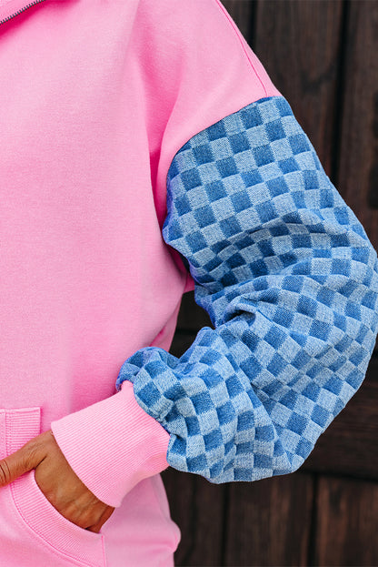 Bonbon Checkered Patchwork Half Zip Hoodie with Pocket