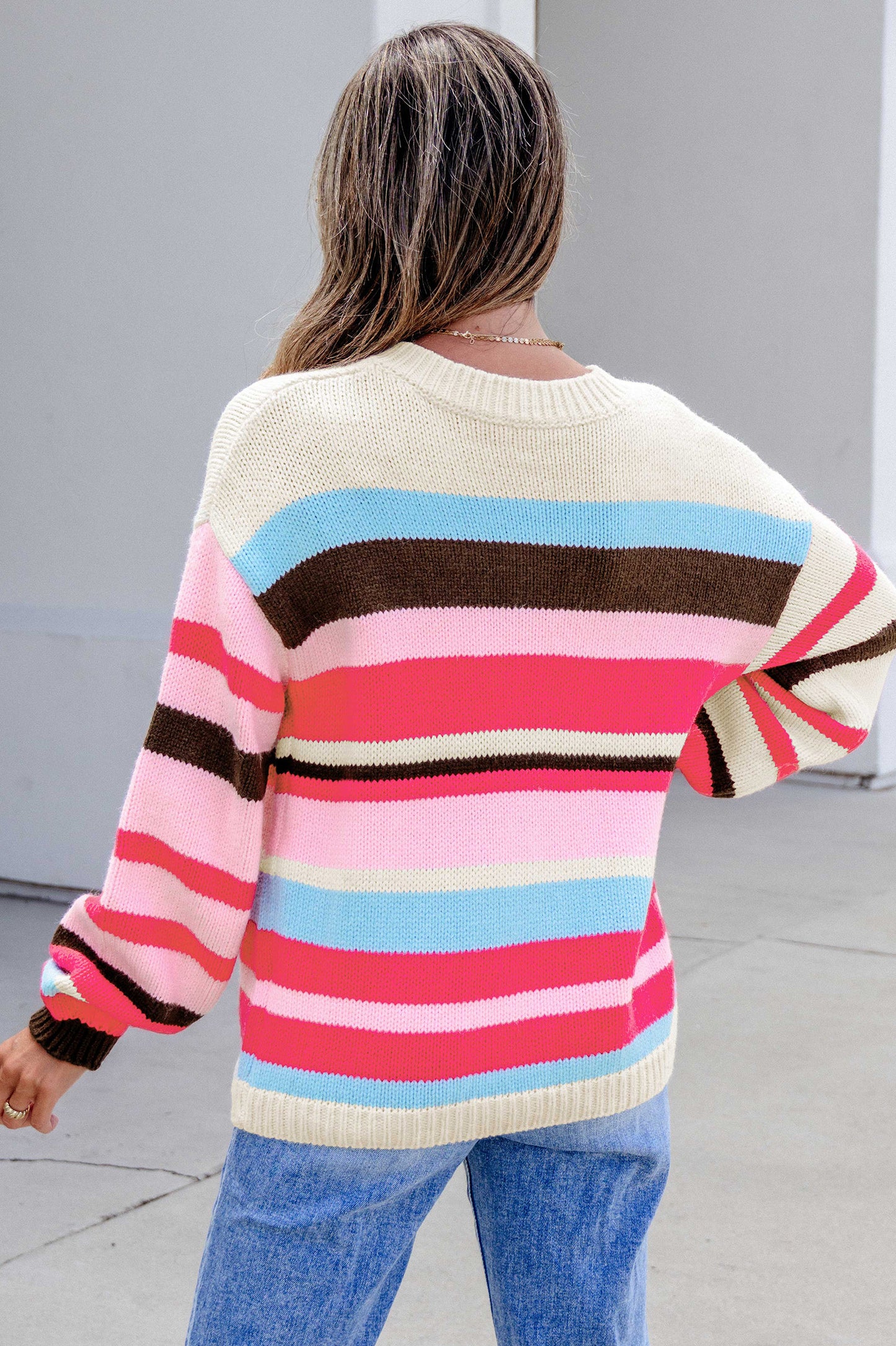 Multicolor Striped Colorblock Drop Shoulder Knit Cardigan