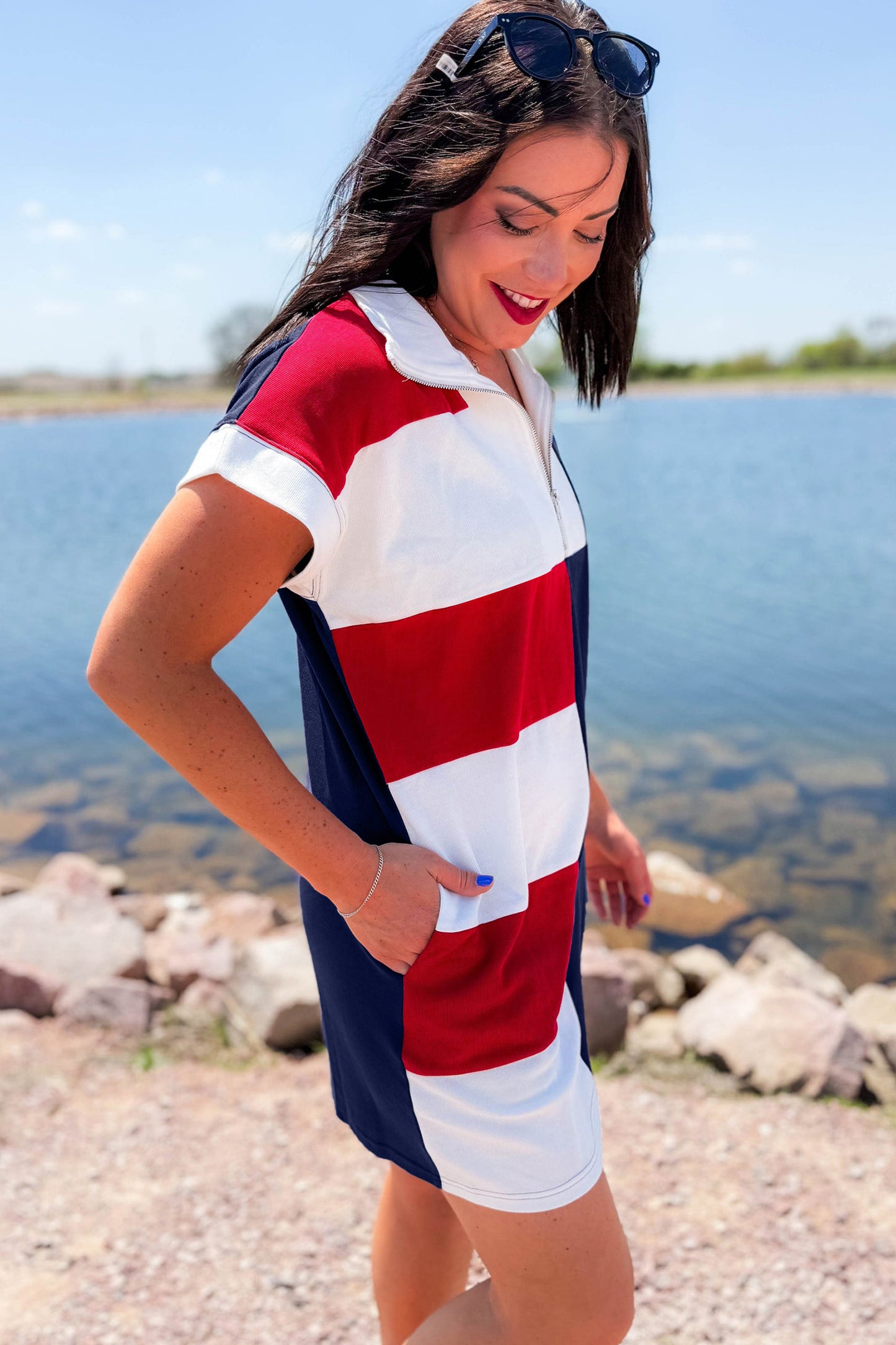 Americana Colorblock Zip Collar Flag Day Dress Independence