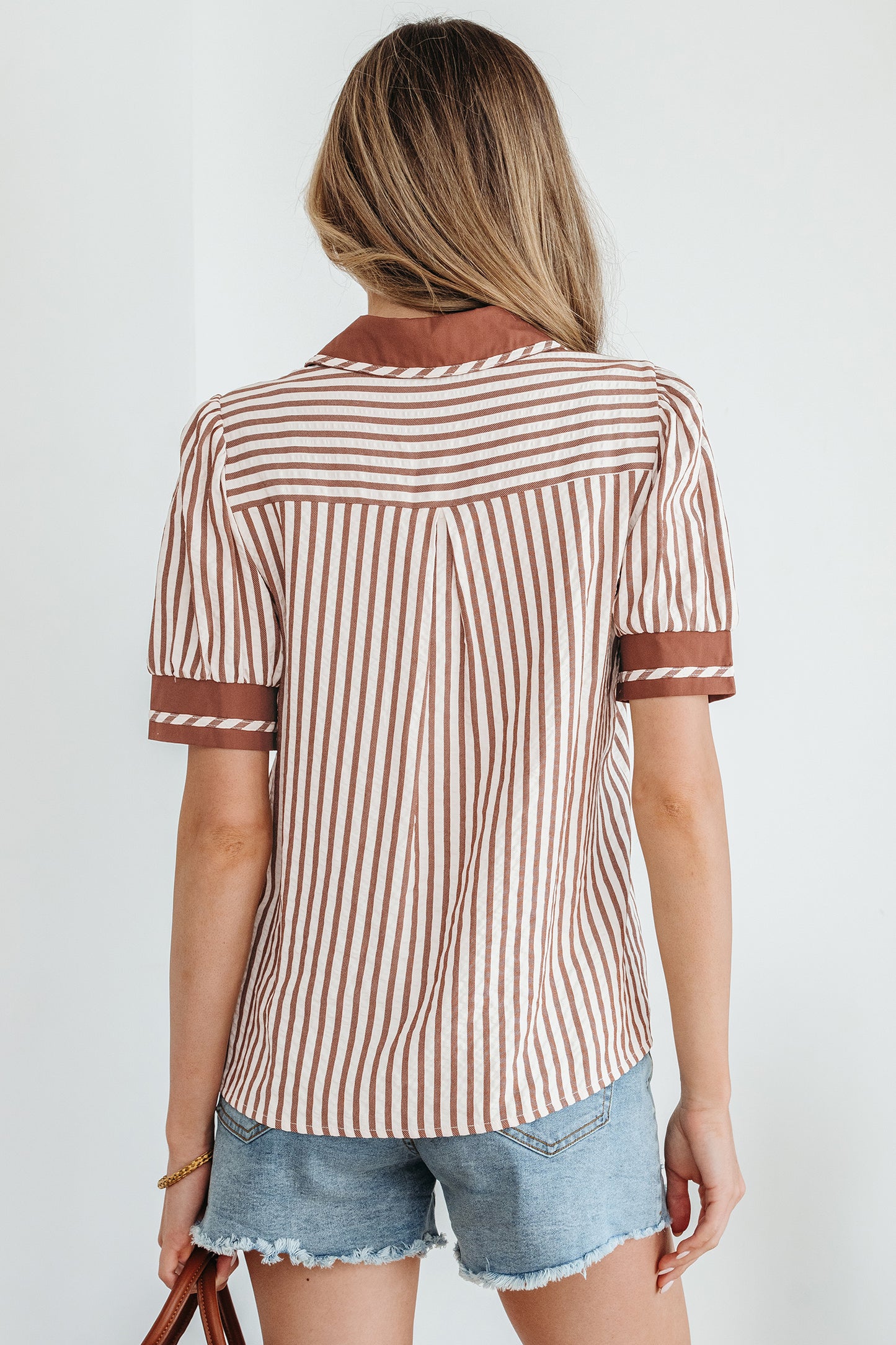 Khaki Striped Split Neck Puff Sleeve Blouse Top