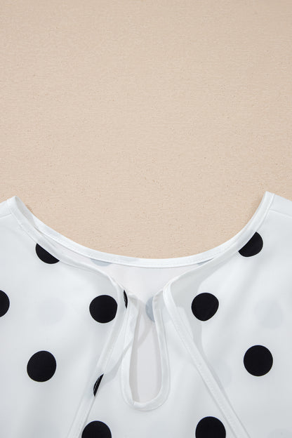White Polka Dot Blouse Smocked Cuff Puff Sleeve Top