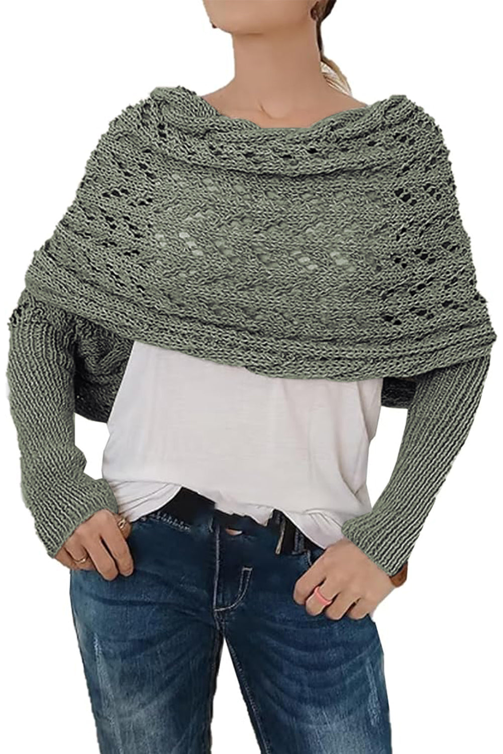 Gray Cross Detail Hollowed Knit Scarf with Sleeves